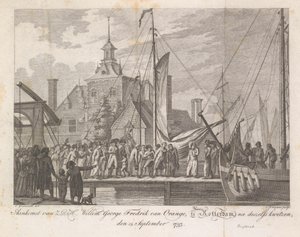 Haavoittuneen prinssi Willem George Frederikin saapuminen Rotterdamiin, 1793 Z.D.H.:n saapuminen Willem George Fredrik van Oranje, Rotterdamissa haavojensa jälkeen, 15. syyskuuta 1793 (otsikko esineessä) tekijältä Cornelis Brouwer