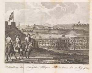 Ranskan joukot lähtevät Landrecysta, 1794 Ranskalaisen troupenin otos Landrecies denistä 11. toukokuuta 1794 (esineen nimi)