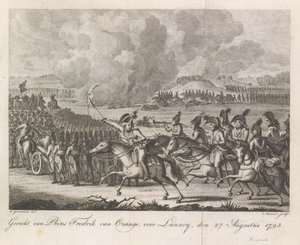 Prinssi William George Frederik Lannoyn taistelussa 1793 Prinssi Frederick of Orangen taistelu ennen Lannoya, 27. elokuuta 1793 (otsikko esineessä) tekijältä Cornelis Brouwer
