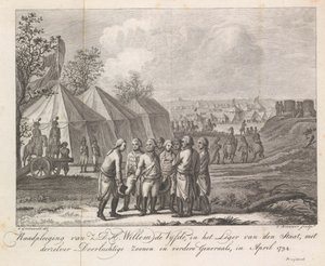 William V poikiensa kanssa armeijan leirillä, 1794 Z.D.H.:n kuuleminen William Fifth, osavaltion armeijassa rauhallisten poikiensa ja muiden kenraalien kanssa huhtikuussa 1794 (otsikko esineessä)