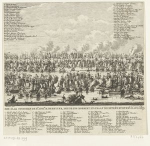 Kijkduinin taistelu, 1673 Merivoimien taistelu Hr. järjestelmänvalvoja M. de Ruiter, Prinssi Robbert ja Kreivi de Estrée, Kykdn. 21. elokuuta 1673 (otsikko esineessä)