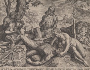 Aadam ja Eeva valittavat Abelin kuolemaa, 1564. tekijältä Cornelis Cort