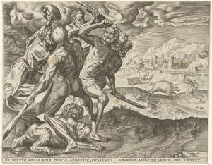 Hercules tappaa Geryonin ja hänen koiransa Labors of Hercules (sarjan nimi) tekijältä Cornelis Cort