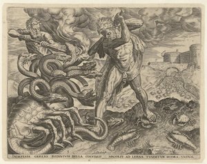 Hercules valloittaa Lernan hydran Labors of Hercules (sarjan nimi) tekijältä Cornelis Cort