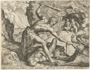 Hercules vetää Cerberuksen ulos helvetistä Labors of Hercules (sarjan nimi) tekijältä Cornelis Cort