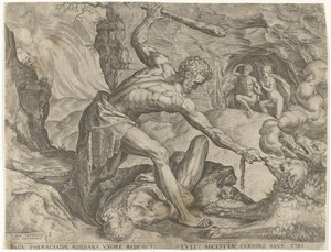 Hercules vetää Cerberuksen ulos helvetistä Labors of Hercules (sarjan nimi) tekijältä Cornelis Cort