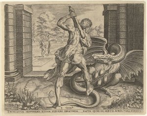 Hercules varastaa Hesperidien kultaiset omenat Labors of Hercules (sarjan nimi) tekijältä Cornelis Cort