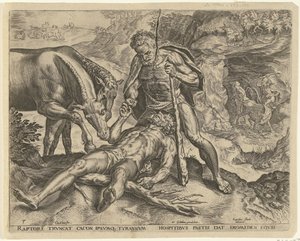 Hercules ruokkii Diomedesta hevosilleen Labors of Hercules (sarjan nimi) tekijältä Cornelis Cort