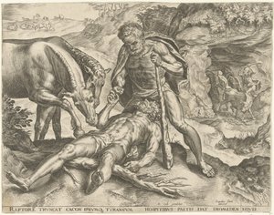 Hercules ruokkii Diomedesta hevosilleen Labors of Hercules (sarjan nimi) tekijältä Cornelis Cort