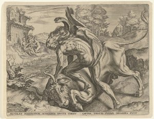 Hercules painii Achelousin kanssa Labors of Hercules (sarjan nimi) tekijältä Cornelis Cort