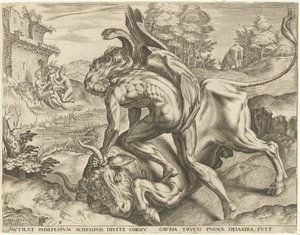 Hercules painii Acheloüsin kanssa Labors of Hercules (sarjan nimi) tekijältä Cornelis Cort