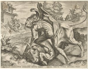Hercules painii Acheloüsin kanssa Labors of Hercules (sarjan nimi) tekijältä Cornelis Cort