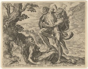 Hercules painii Antaeuksen kanssa Labors of Hercules (sarjan nimi) tekijältä Cornelis Cort