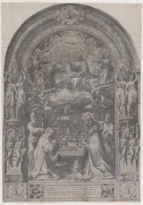 Neitsyen kruunaus Pyhän Laurentiuksen, Pyhän Paavalin, Pyhän Pietarin ja Pyhän Sixtuksen kanssa, 1576. tekijältä Cornelis Cort