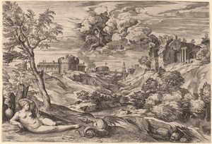 Maisema Roger Liberating Angelican kanssa tekijältä Cornelis Cort after Titian