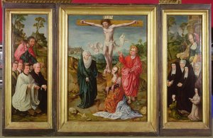 Ristiinnaulitsemisen triptyykki: St. Barbara lahjoittajien kanssa (oikea siipi); Pyhä Jaakob Suurempi lahjoittajien kanssa (vasen siipi); Ristiinnaulitseminen (keskellä)