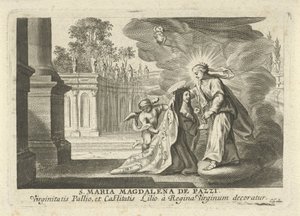 Maria antaa liljan oksan Pyhälle Maria Magdalena de Pazzille tekijältä Cornelis Galle (I)