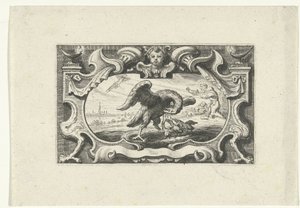 Vinjetti pelikaanin kanssa ruokkimassa poikasiaan omalla verellään tekijältä Cornelis Galle (II) (attributed to)