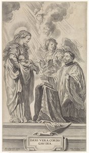 Tuntematon pyhimys (Ignatius Loyola?) polvistuu Marian eteen lapsen kanssa tekijältä Cornelis Galle (II)