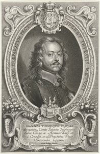 Portretti Johann Theodor Caspars Maailman rauhoittamiseen tähtäävän kristillisen nimen tunnetuimmat lähettilät, luostari ja Osnabruga (...) (sarjan nimi) tekijältä Cornelis Galle (II)