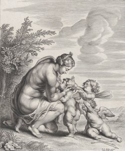 Venus imettää kolmea Cupidoa maisemassa, n. 1627-78. tekijältä Cornelis Galle II