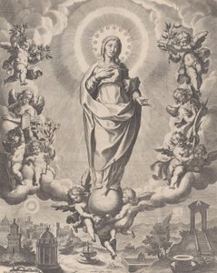 Neitsyt kirkkaudessa, seisoo pilvien päällä ja ympäröimänä enkeleillä, joilla on symbolit ..., 1595-1633.