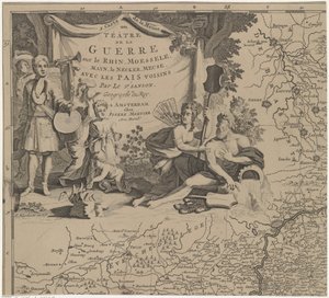 Brysselin itä- ja eteläpuoleisen alueen kartta sekä Namurin maakunta (lehti ylhäällä vasemmalla) Carte de la Meuse ou Téâtre de la Guerre sur le Rhein, Moessele, Mayn, le Necker, Meuse avec les pais voisins (otsikko esineessä) tekijältä Cornelis Huyberts