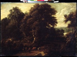 ""Flanderin maisema lehmälaumalla"" Constantinus Cornelis Huysmansin (1648-1727) maalaus Pushkin-museo, Moskova