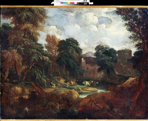 ""Flanderin laakso kesällä lehmälaumalla lähellä jokea"" Constantinus Cornelis Huysmansin (1648-1727) maalaus Mikhail Kroshitsky Art Museum, Sevastopol (Sevastopol) Ukraina