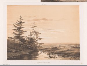 Maisema auringonlaskun kanssa Auringonlasku (otsikko esineessä)