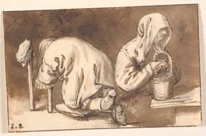 Polvistuva mies ja nainen korin kanssa tekijältä Cornelis Pietersz Bega