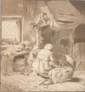 Maalaistalon sisustus kahden naisen kanssa tekijältä Cornelis Ploos van Amstel (signed by artist)