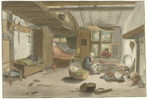 Sisustus naisen kanssa pinnasängyssä tekijältä Cornelis Ploos van Amstel (signed by artist)