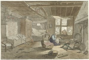 Sisustus naisen kanssa pinnasängyssä tekijältä Cornelis Ploos van Amstel (signed by artist)