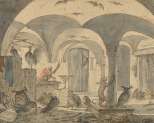 Lumottu kellari eläinten kanssa tekijältä Cornelis Saftleven