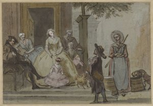 Hurdy-gurdy soitin kuuntelevalle perheelle kaupunkiasunnon kynnyksellä tekijältä Cornelis Troost