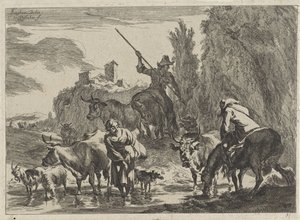 Paimenet karjan kanssa kahlaa virran läpi Maisemat (sarjan nimi) tekijältä Cornelis Visscher (II)