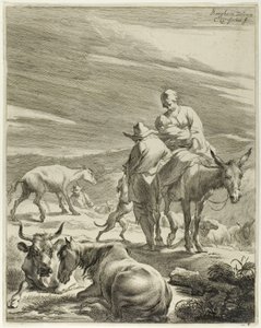 Äiti ja aasin selässä ratsastava lapsi, levy 4 teoksesta Four Landscapes (Neljä maisemaa). tekijältä Cornelis Visscher