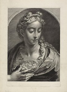 Athena, lähteestä Cabinet Reynst; Variarum imaginum a celeberrimis artificibus pictarum Caelaturae (Cabinet Reynst: Kaiverrukset kuuluisien taiteilijoiden maalaamista erilaisista kuvista). tekijältä Cornelis Visscher