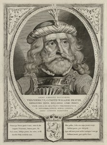 Dirk I, Hollannin kreivi, haarniskassa. Kehystä koristaa Alankomaiden vaakuna. NL-HlmNHA 1477 53012894 tekijältä Cornelis Visscher