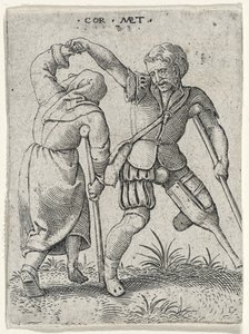 Mies puisella jalalla kääntämässä ontuvaa naista kainalonsa alla, 1572 (kaiverrus paperille)