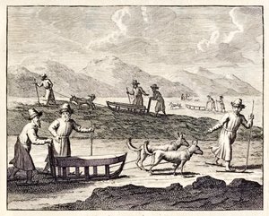 Venäläiset matkustavat koiravaljakoilla Siperiassa.”, Voyages de Corneille le Brunista. 1718 tekijältä Cornelis de Bruyn