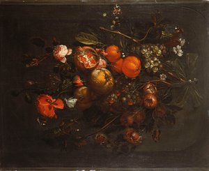 Hedelmä- ja kukkakimppu, joka roikkuu kynsissä nichessä tekijältä Cornelis de Heem