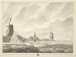 Näkymä jään puolikuusta Gorinchemin Runmolenin takana olevan kaiteen päällä ja sitä vasten, 20. helmikuuta 1799 tekijältä Cornelis de Jonker