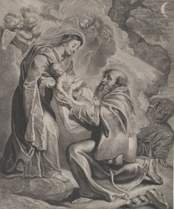 Pyhän Franciscuksen näky, joka polvistuu oikealla, vastaanottaa Kristus-lapsen Neitsyeltä..., 1650.