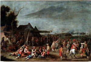 Bivouac de soldats (sotilaiden bivouac) Cornelis De Waelin (1592-1667) maalaus 1600-luvun koko 50x75 cm Genes, Musei di Strada Nuova (ex Palazzo Bianco) tekijältä Cornelis de Wael