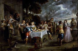 Tuhlaajapojan historia: hajoaminen. Cornelis De Waelin (1592-1667) maalaus, noin 1630-1639. flaamilaista taidetta. Öljy kankaalle. Mitat: 57 x 86 cm. Geenit, Privee Collection.