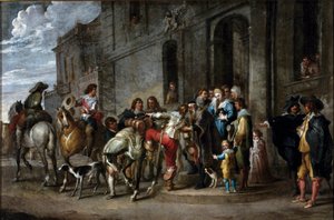 Raamatun vertaus: ""Tuhlaajapojan lähtö"" Cornelis De Waelin (1592-1667) maalaus (ec.flam.) 1630-1639 Dim. 57x86 cm Geenit, yksityinen kokoelma