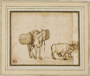 Kaksi luonnosta: Mule Carrying Baskets, pari Yoked Oxen kanssa. tekijältä Cornelis de Wael