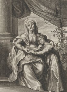 Neitsyen koulutus, jossa pyhä Anna istuu penkillä ja katsoo ylöspäin ja ..., n. 1645-78. tekijältä Cornelis van Caukercken